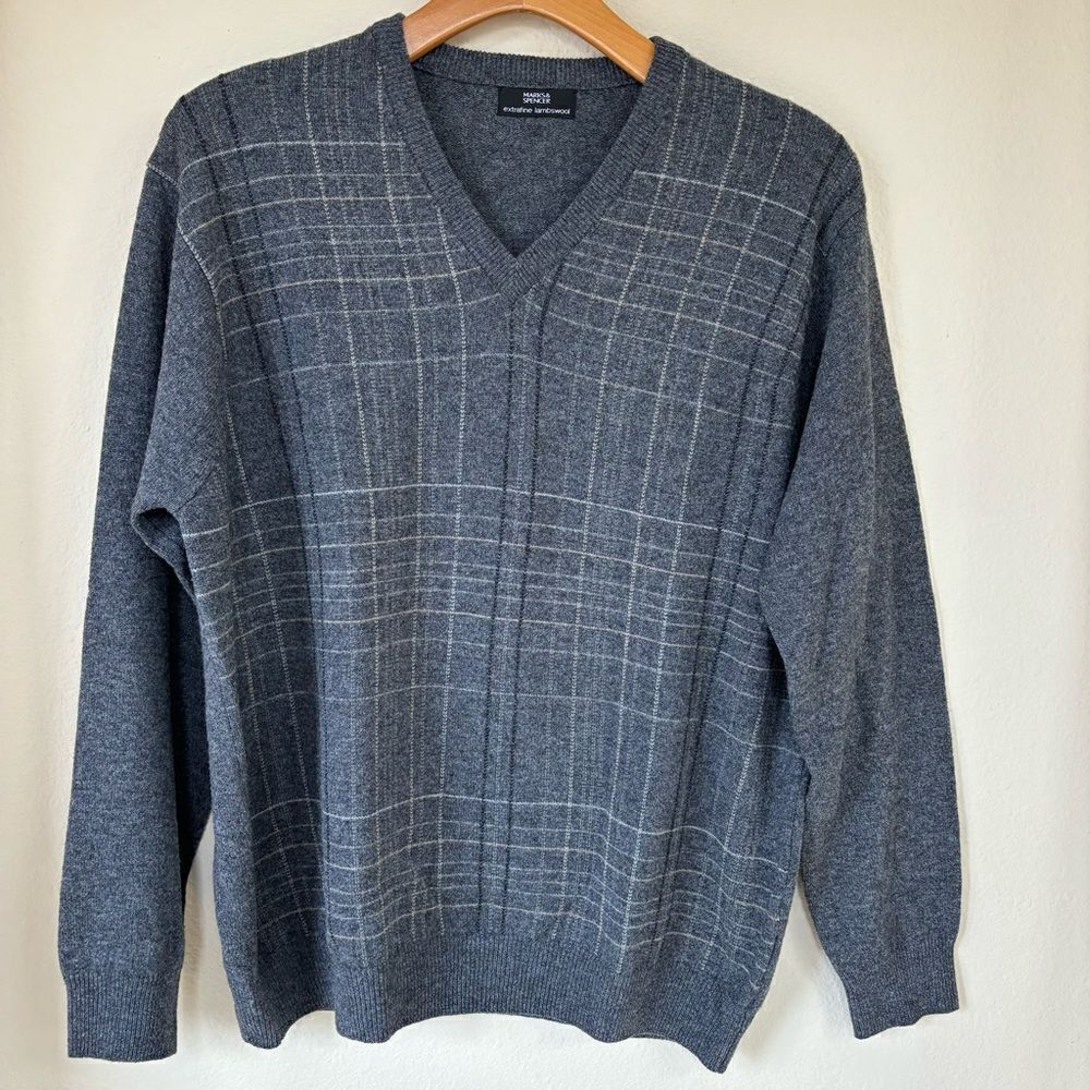 Plaid Lambswool Sweater Marks & Spencer Gray Mens Size‎ Large V-Neck plaid
